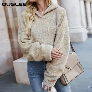 OUSLEE-Женски флисовые качулки оверсайз с джобове, Дебели свитшоты, палто с качулка, палто от изкуствена кожа, есен, зима