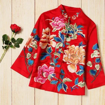 Бродирана блуза в етнически стил, китайска блуза с ретро-бродерия, дамско яке с нов стил, свободно памучно палто, дамски есенни блузи