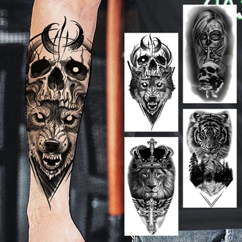 Временни татуировки с Черна Волчьим Черепа, и За мъжете, и за възрастни, Реалистичен Лъв, Тигър, Горска Корона, Вампир, Фалшива Татуировка, Етикет, Татуировка на ръката до лакътя