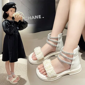 Нови детски сандали за момичета 2023 г., Гладиатор, кристали върху плоска подметка, Плажна детски обувки, Сандали принцеси за момичета, Детски летни обувки 3-12 години