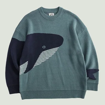 Мъжки вязаный пуловер в стил хип-хоп, скок с принтом Самотен кит в стил харадзюку, всекидневни свободен модерен пуловер оверсайз, ретро пуловер