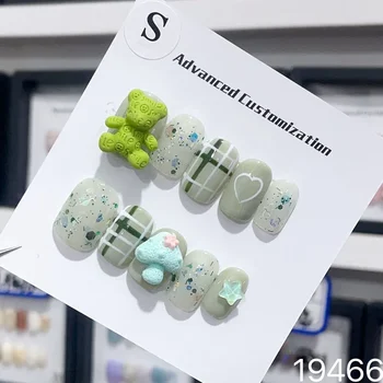 Сладки Залепена на ноктите ръчно изработени, кратък Корейски 3D Дизайн, за Многократна употреба режийни ноктите с лепкава покритие, с пълно покриване на върховете на ноктите, изкуствен Маникюр За момичета