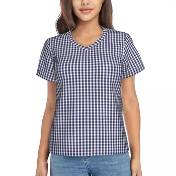Синя и бяла клетчатая тениска, тениски в стил хип-хоп, дамски блузи с V-образно деколте, градинска дрехи, плажни дрехи с къс ръкав 2024 г., графична облекло