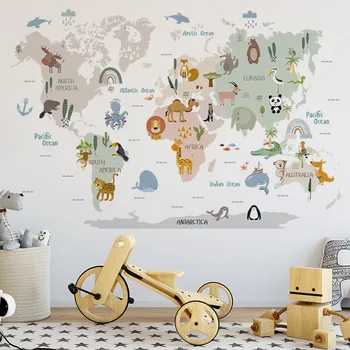 Мультяшная голяма карта на света, на животни, тематични забавни стикери за стена, стикери в скандинавски стил за детска стая, декорация на кабинета