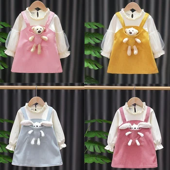 Празнични рокли на принцеси за момичета от 0 до 7 години, пролетно-есенни елегантни костюми за деца, модерен сладко облекло с дълги ръкави и игрушечным мечка, 2 броя