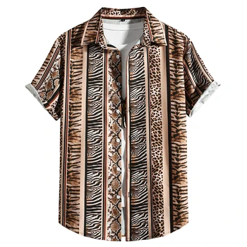 Секси Хавайска риза с леопардовым тигровым принтом, мъжки ежедневни Летни плажни ризи с копчета и къс ръкав, мъжки блузи за клубни рок партита 2023