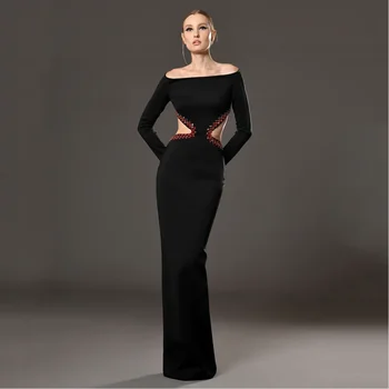 Есен 2023, Ново Дамско Секси Черна рокля с открити рамене и дълъг ръкав, с диаманти, с отворен гръб, Макси Дебнещ рокля Знаменитост за парти