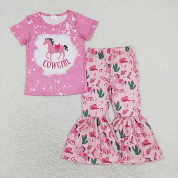 Търговия на едро комплекти в западен стил за малки момичета, розова риза с къси ръкави за деца, Детски панталони-камбанка с шарките на кактус, дрехи за бебета, бебешки дрехи за бебета