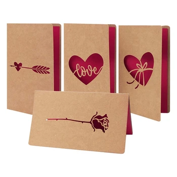 Креативна крафт-хартия, выдолбленная лазер любовна картичка, пощенска картичка за Св. Валентин (включително 4 картички и 4 плик)