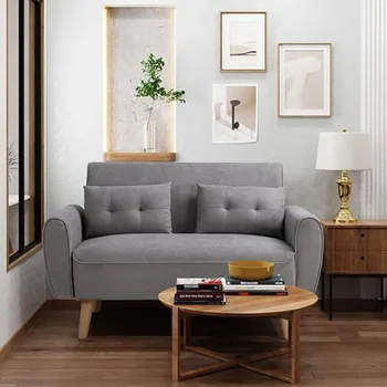 47-инчов Малък модерен диван-канапе Loveseat, осеян с кърпа 2-местен диван, Мека мебел Love Seat с 2 възглавници, светло сиво
