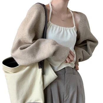 Жилетка с дълъг ръкав и отворена предна част, пуловер, яке-болеро, женски скъсяване на раменете N7YD