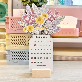 2024 Настолен календар с флорални цветя, Творчески Настолен календар с цветен модел, Дървен календар от серията Pretty Floral Desk Decor