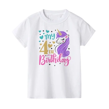 Летни Тениски за рожден Ден за момичета с принтом Еднорог от Карикатура, Тениска с къс ръкав, Размер от 1 до 8 години, Детска Празнична Облекло, Тениски, Потници
