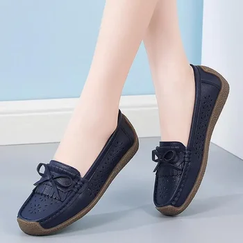 Дамски обувки за момичета от естествена мека кожа, новост 2023 г., черни кожени обувки от телешка кожа, Ежедневни работна обувки на равна подметка, дамски обувки с кръгло бомбе