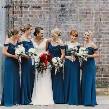 Тъмно-сини дълги рокли на шаферките, Шифоновое Сватбена рокля трапецовидна форма с открити рамене на тънки спагети презрамки за жени, рокля за бала