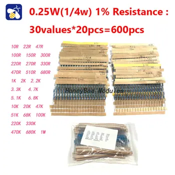 600ШТ 1/4 W Комплект Метални Филма Резистори Точност 1% Ремонт на Общите Резистори Смесен комплект 10R-1M по 20 парчета, за всеки от 30