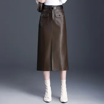 #1630 Черна пола, от изкуствена кожа цвят каки, дамски офис права пола с колан, дамски тънък молив полата от изкуствена кожа, Дамски джобове, елегантна зима