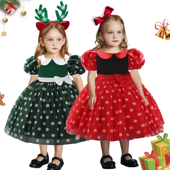Празнични рокли за малки момичета в грах, коледен костюм за деца, рокля на принцеса за 1 година, за рожден Ден за малки момичета, летни дрехи