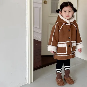 Палта за момичета 2023, Зимно Ново Утолщенное Вълна палто в корейски стил, Дълго Ежедневното Просто Модно детско Топло Скъпи палта за момичета
