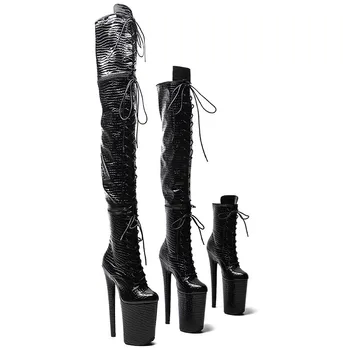 LAIJIANJINXIA/Ботуши с цепка с цип от изкуствена кожа 23 см/9 инча, Нов дизайн, дамски ботуши с по три начина на носене, Подвижни обувки с изключително високи токчета