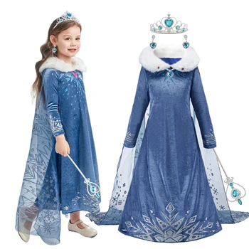 2023 Детски костюм на Елза и Анна, рокля с цветен модел на рожден ден за момичета, детски представяне на Снежна кралица, вечерен костюм принцеса в стила на фантазията на Хелоуин