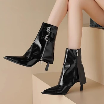 Дизайнерски дамски обувки 2023 г., Нови, черни дамски обувки от лачена кожа, зимни модни ботильоны на висок ток с остър пръсти, Zapatos De Mujer