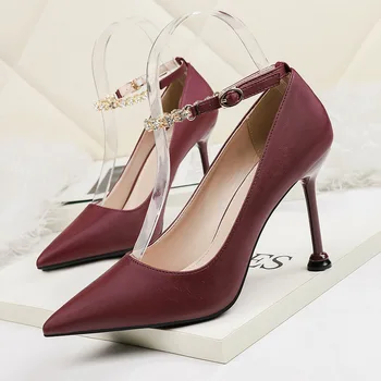 дамски обувки-лодка с каишка и катарама от изкуствена кожа на тънък ток 9,5 см, женски обувки на висок ток с остър пръсти, дамски обувки 2020 г., размерът на 35-42