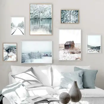 Потребителя е в скандинавски стил, живопис върху платно, снежна сцена, изглед от птичи поглед, на езерото, на път, село, стенно изкуство, плакати и щампи в скандинавски стил