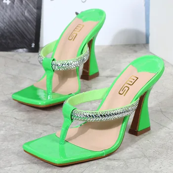 2023 Летни Чехли-пързалки Дамски Чехли на висок ток 9,5 см, Чехли-слипоны, Кристални лъскави токчета-копытца, Неоново-Зелена Мода обувки