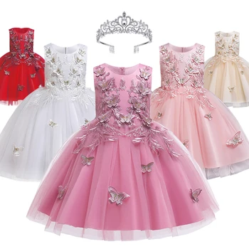 От 3 до 12 години, Дантелени Вечерни рокли с бродерия в формата на цветя и пеперуди за момичета, Сватбен вечер, Водеща на Сценичното шоу, Елегантна рокля за момичета