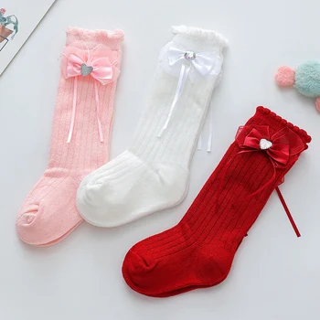 Чорапи в рубчик с бантиком за малки момичета, пролет-есен, обикновена чорапи със средна дължина, за деца на възраст от 0-3 години