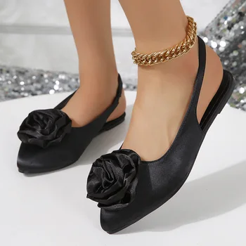 Нови прекрасни дамски сандали от сатен роза, ежедневни тънки обувки с остри пръсти, дамски сандали на равна подметка за сватбен банкет, парти, срещи