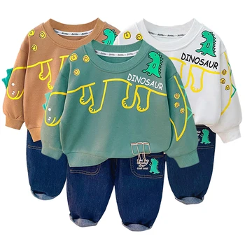 2023 Пролетно-есенен Комплект памучни дрехи за момчета, пуловер с динозавром, Топове, дънкови панталони, Ежедневни облекла от 2 теми, Детски костюм за бебета