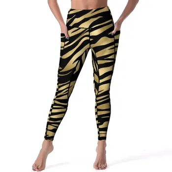 Черно-златни панталони за йога с тигровым принтом, джобове, Гамаши в ивица от козината на животното, секси спортни чорапогащи за йога с висока талия, гамаши за фитнес