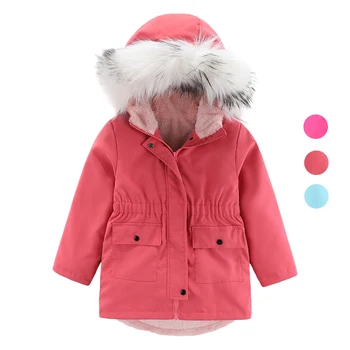 Ново палто за момичета от 4 до 7 години, есен-зима топло яке с кожа яка за момичета, плюс бархатное дълго палто с качулка, детска връхни дрехи