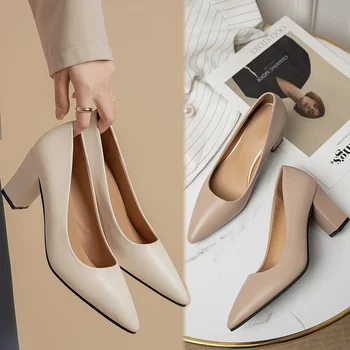 Дамски обувки на висок ток 2023, Нов Корейски стил, Модни обувки с остър пръсти и дебел ток, Sapatos De Mujer