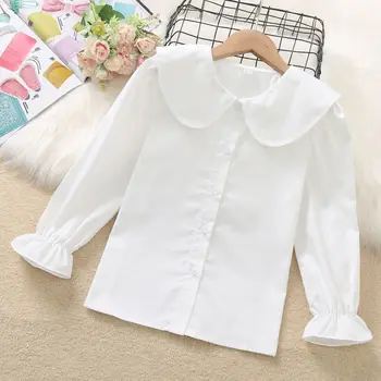 Пролетно-есенна риза за момичета, нови Корейски бели блузи с дълги ръкави и яка кукла, универсални капаци, детски чорапогащи