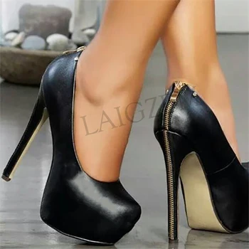 LAIGZEM/ Дамски официални модела обувки без обков с цип с кръгло бомбе, Дамски обувки-лодка от изкуствена кожа на висок ток, по-Големи размери 34-52