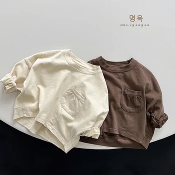 2024 Новата Пролетно Тениска в Корейски стил За малки Момичета И момчета, Памук Обикновен детски Пуловер С дълъг ръкав, Детски Ежедневни Свободна тениска