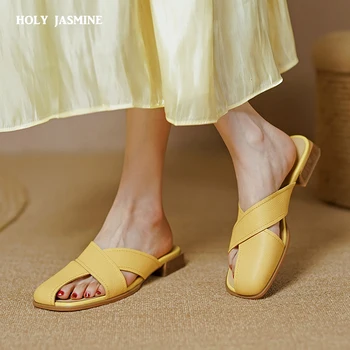 Дамски сандали Мюли в римски стил, ежедневни чехли 2022, Пролет-лято, обувки от естествена кожа на нисък ток, дамски модни лаконичен чехли