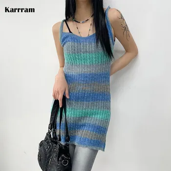 Karrram Корейското модно рокля в рубчик, Винтажное Трикотажное рокличка, Гранжевое рокля Midi на спагети презрамки, градинска облекло High Street Y2k