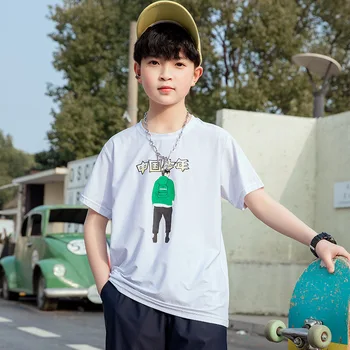 Нова лятна тениска Ice Silk Cool за момчета, тийнейджърката дишаща домашно облекло оверсайз, детска Удобни спортни дрехи на открито