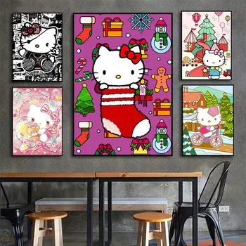 Коледен плакат на Hello Kitty 1бр, HD Плакати, декорация за дома в стаята, бар, кафене и Художествена боядисване стени.