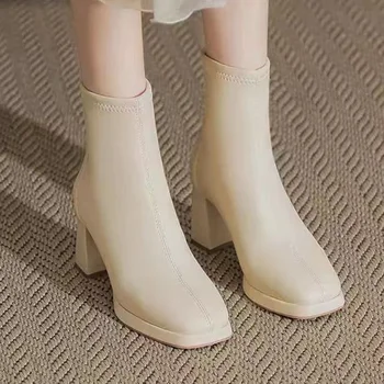 Дамски обувки на Челси на висок ток Елегантна масивна обувки 2024 Зимни дизайнерски ботильоны на платформата с квадратни пръсти, Дамски обувки-лодка с цип