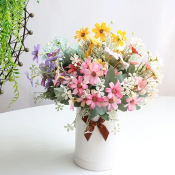 Многоцветен изкуствено цвете от коприна, Букет ромашек, изкуствени цветя, Сватбени декорации за дома и градината, Коледни стоки за дома