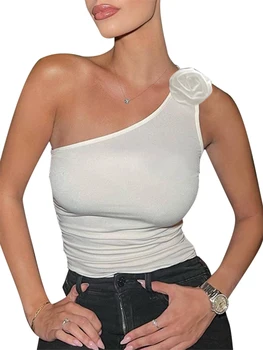 Дамски годишната базова риза без ръкави, с открити рамене, съкратен топ в цветенце, просто ежедневни Секси эстетичная градинска облекло