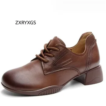 ZXRYXGS / 2023 г., Висококачествени Дамски Обувки от Естествена Кожа в Британския Стил, Нова Дамски Обувки в Гъст Средно Обувки С Мека Подметка дантела, Тенденция
