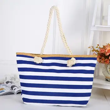 Дамски холщовая чанта през рамо с веревочной дръжка, чанта, в ивица, модни и ежедневни чанта за пазаруване, плажна чанта, чанта през рамо, с Вътрешен джоб, чанта-тоут