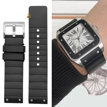 23 мм и каишка за часовник Картие Santos100 Силикон каишка за часовник, гумени мъжки и женски черен водоустойчив аксесоар за гривна