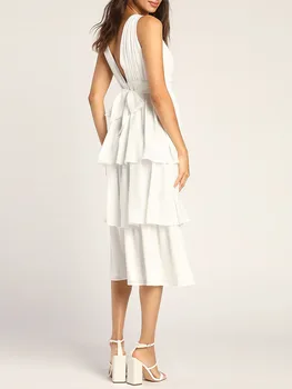 Дамски летни рокли Midi Однотонного цвят без ръкави с V-образно деколте и пластове рюшами, коктейл вечерна рокля за парти 2023 г.